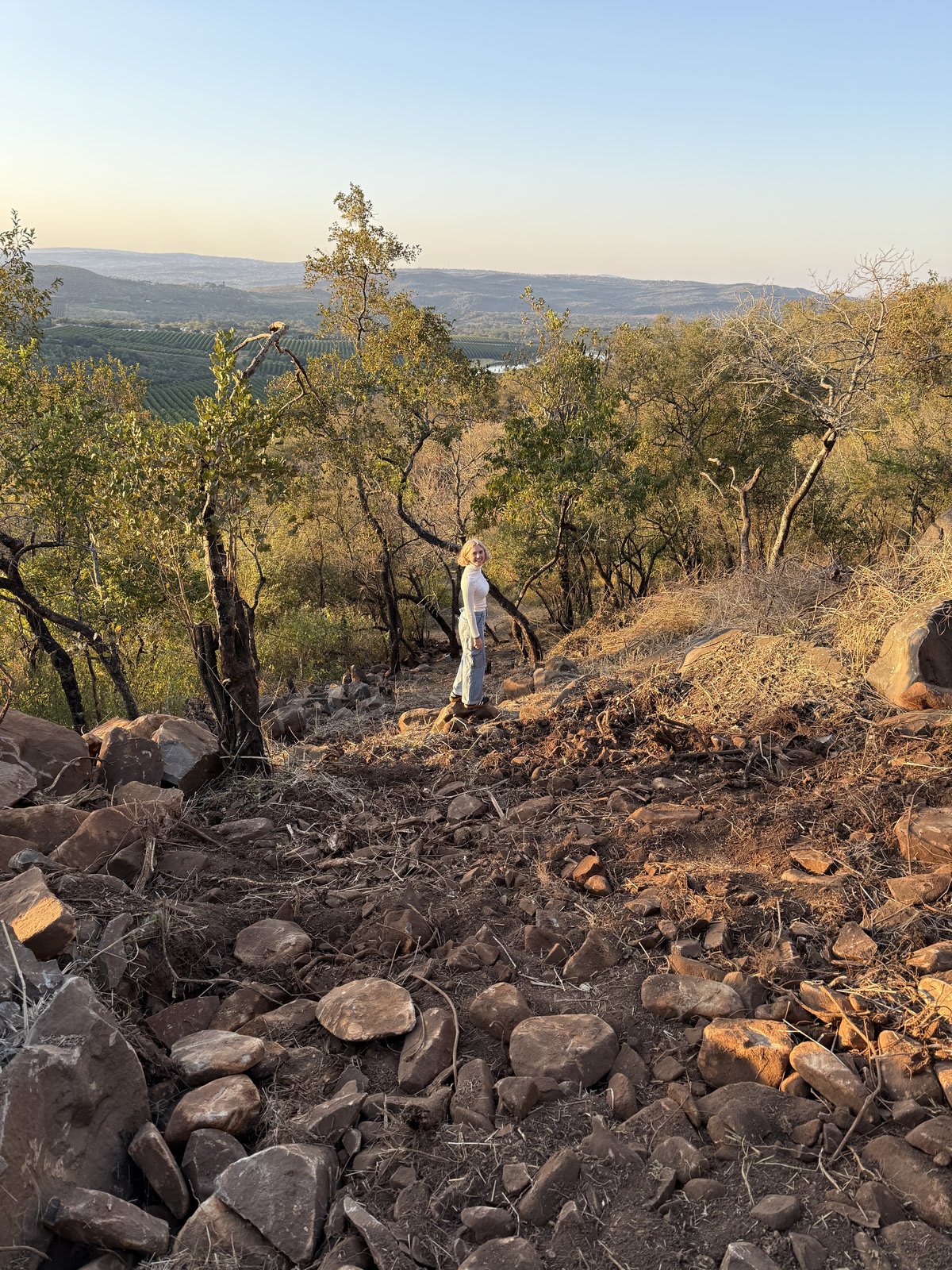 Golden hour on the rocky outcrop above Kanaan, with the Lowveld valley and farms running all the way to the escarpment.
