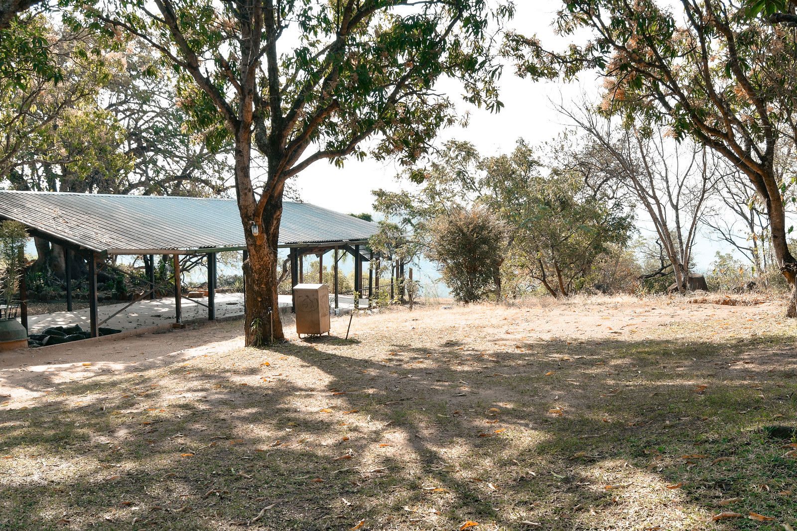 The covered venue at Kanaan — a long open-sided roof standing on the lawn under the mango trees.