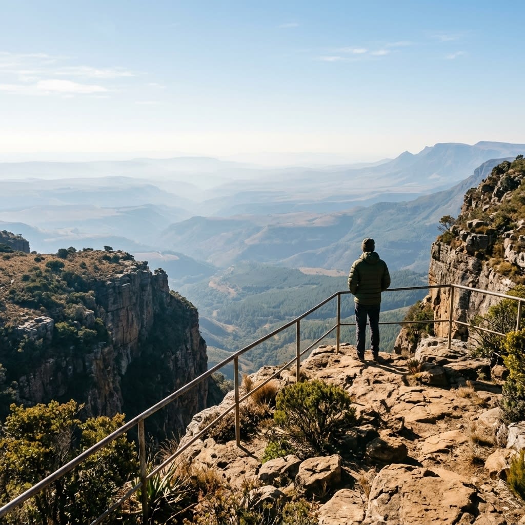 Wonder View, a quieter viewpoint a minute up the road from God's Window — a lone traveller at a simple cliff-edge railing, looking out over the vast hazy Lowveld with no crowd in sight.
